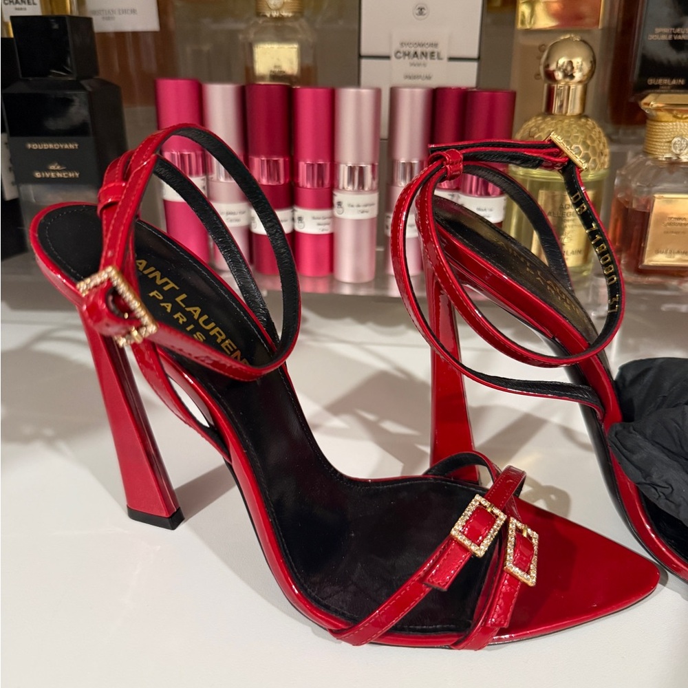 Yves Saint Laurent Red Patent Strappy Heel - Picture 2 of 8